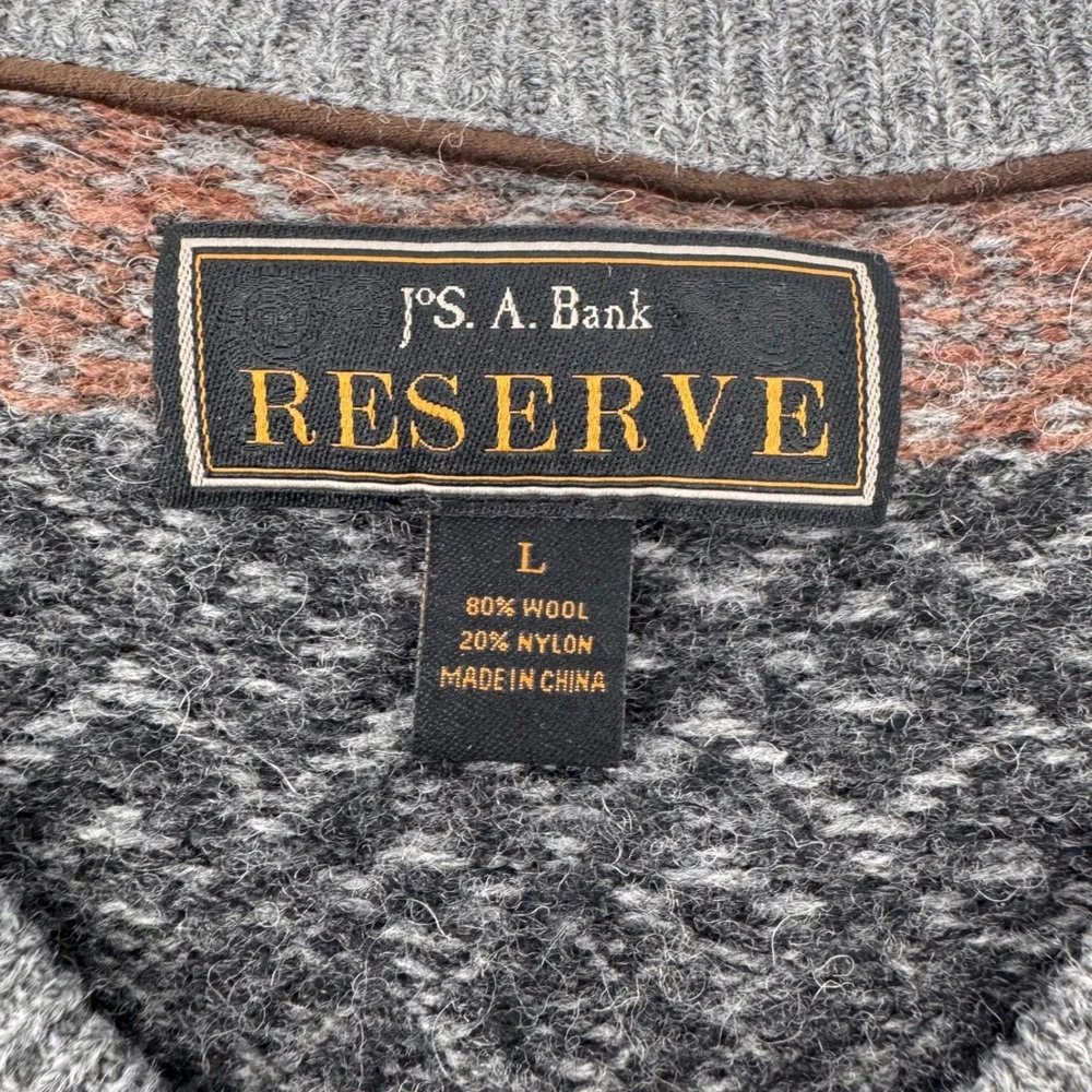 Jos A Bank Reserve Sweater Mens Large Grey Fair Isle Wool V-Neck 9248